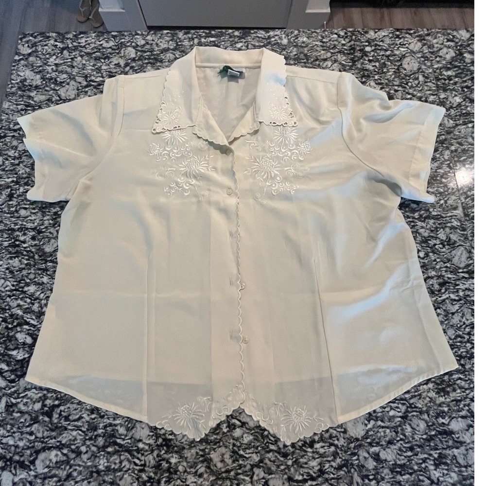 Joanna Cream Floral Embroidered Scallop Hem Button Up Blouse Plus Size 2XL